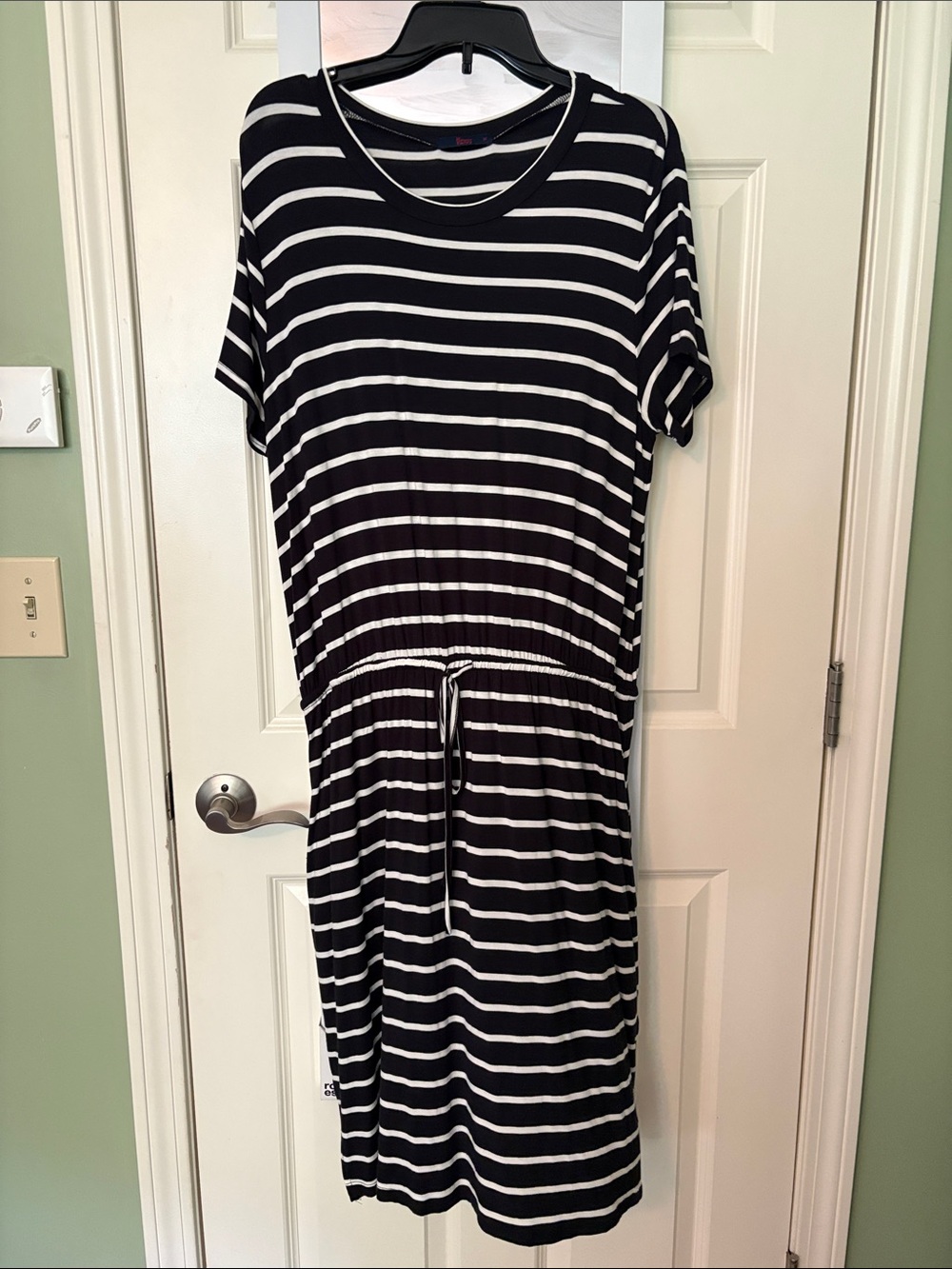 Black and White Striped Midi Drawstring Dress